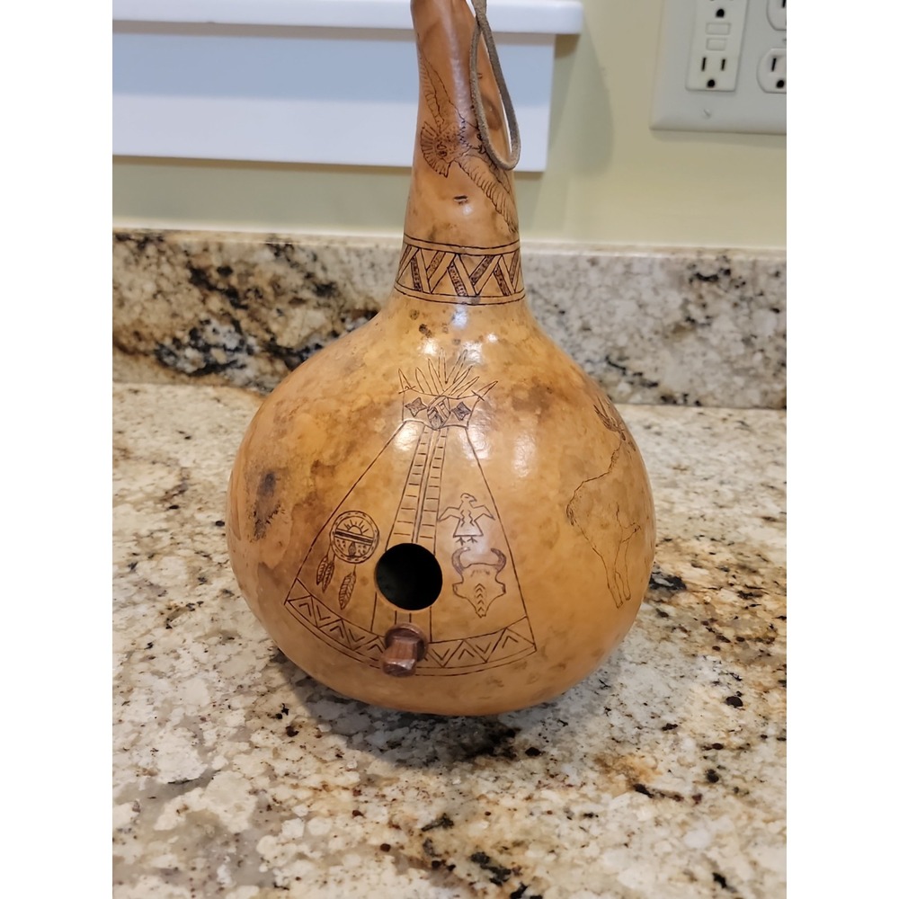 Vintage Hand Carved Painted Native American Gourd Teepee Wolf Moose  Birdhouse